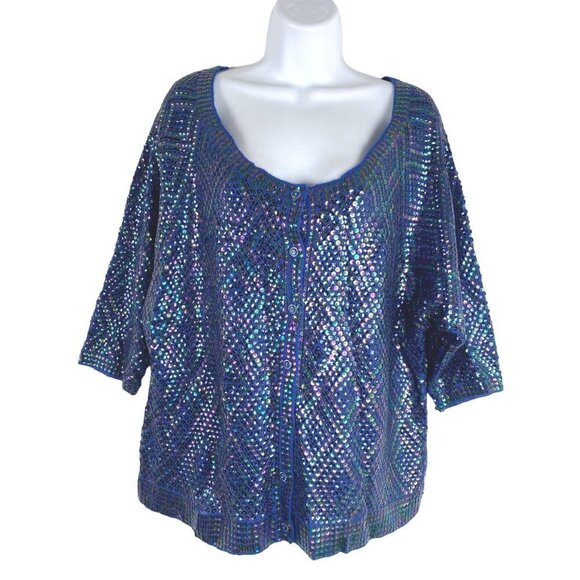 Free People Cardigan Sweater‎ Medium Sequins Iridescent Blue NWT CJ-1459 - Picture 1 of 11